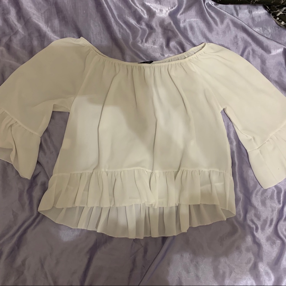 Boohoo Sheer, White Off the Shoulder Shirt
